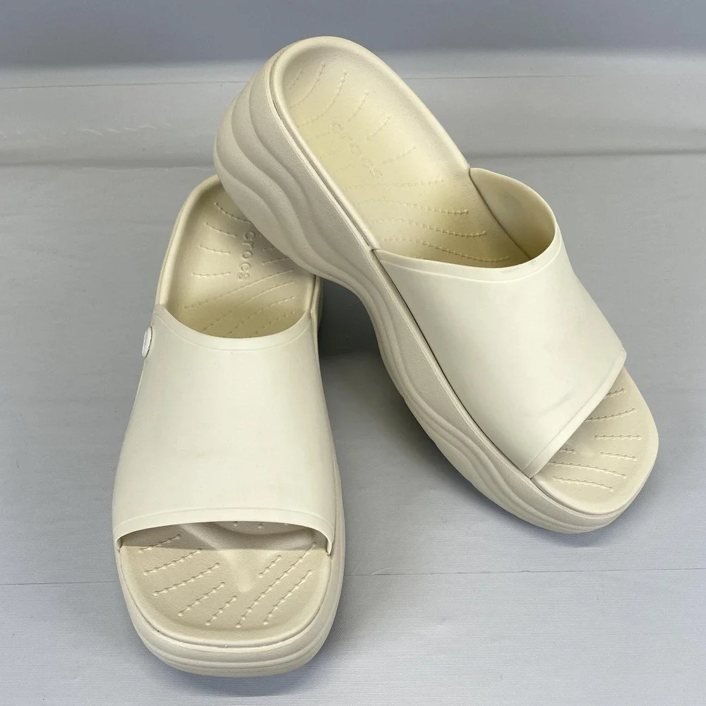 Crocs Skyline Slides Womens Size 7 Cream Platform Wedge Sandals Slip On Shoes